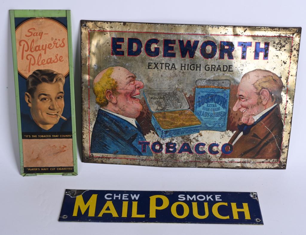 3- VINTAGE TOBACCO SIGNS: Includes Mail Pouch Porcelain Sign, Player's Navy Cut Match Striker Sign, and Edgeworth Tobacco Tin Sign. Largest 13" Very Good-Excellent