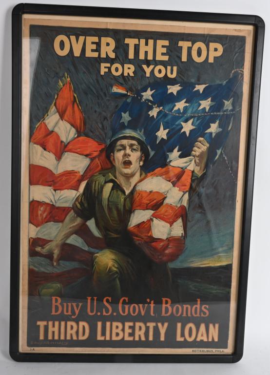 WWI BUY US GOVT BONDS FLAF & SOLDIER POSTER: WWI Over The Top For You Buy US Govt Bonds. Great image of Soldier and US Flag. Framed. 31"x20" Excellent