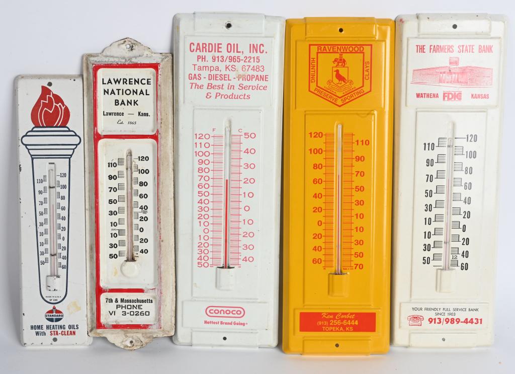 5- VINTAGE ADVERTISING THERMOMETERS: Includes Standard Oil, Lawrence National Bank, Farmers State Bank, Ravenwood Hunting Preserve, and Conoco Oil. All in nice condition. Largest 14" Excellent