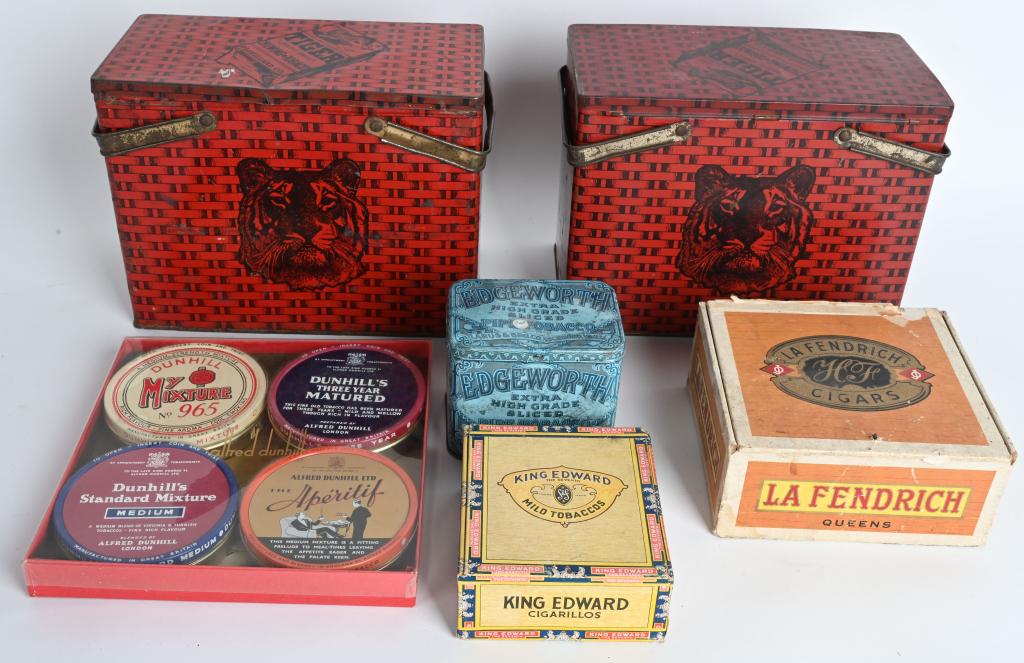 TOBACCO TIN LOT: Includes Tiger Basket Style Tins, Edgeworth Tin, Alfred Dunhill 4 Tin Pack, and 2 Cigar Boxes. Largest 10" Very Good-Excellent
