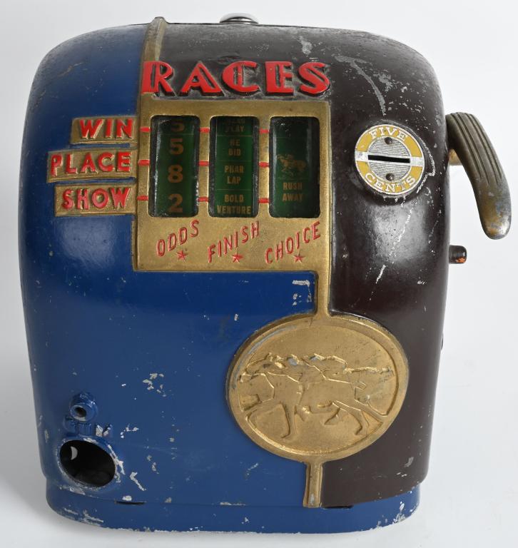 DAVAL RACES TRADE STIMULATOR: 1936 Daval Races Trade Stimulator. Working condition. Looks to be missing gum dispenser on front. Comes with keys. 10" Very Good