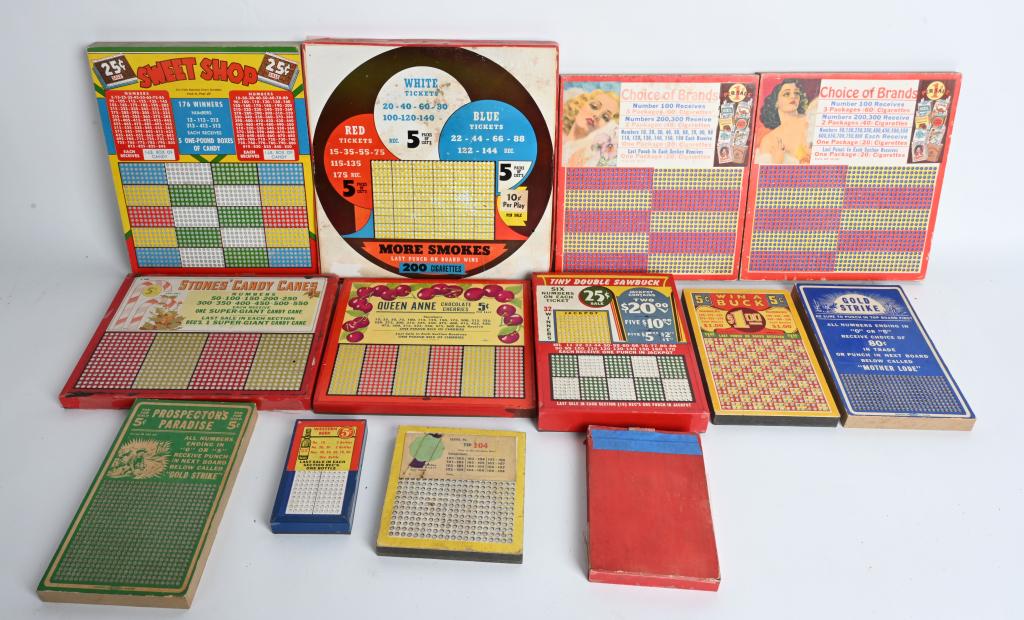 HUGE LOT OF PUNCH BOARD CARDS: Nice lot of vinatge punch boards. Some wityh intersting subject matter, Largest 10 1/2" Excellent