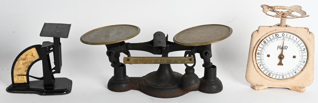 3- ANTIQUE SCALES: Includes Fairbanks Balance Scale, Ideal Kitchen Scale, and AWR Kilo Scale. Largest 16" Very Good-Excellent