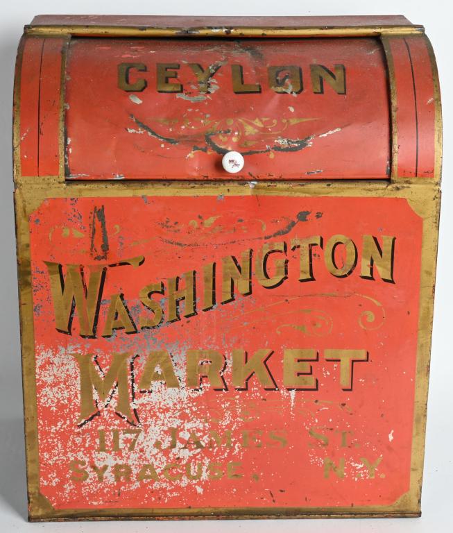 WASHINGTON MARKET TIN CEYLON TEA STORE BIN: Washington Market Syracuse, New York Ceylon Tea Store Bin. All original with heavy patina. 18"x15" Very Good