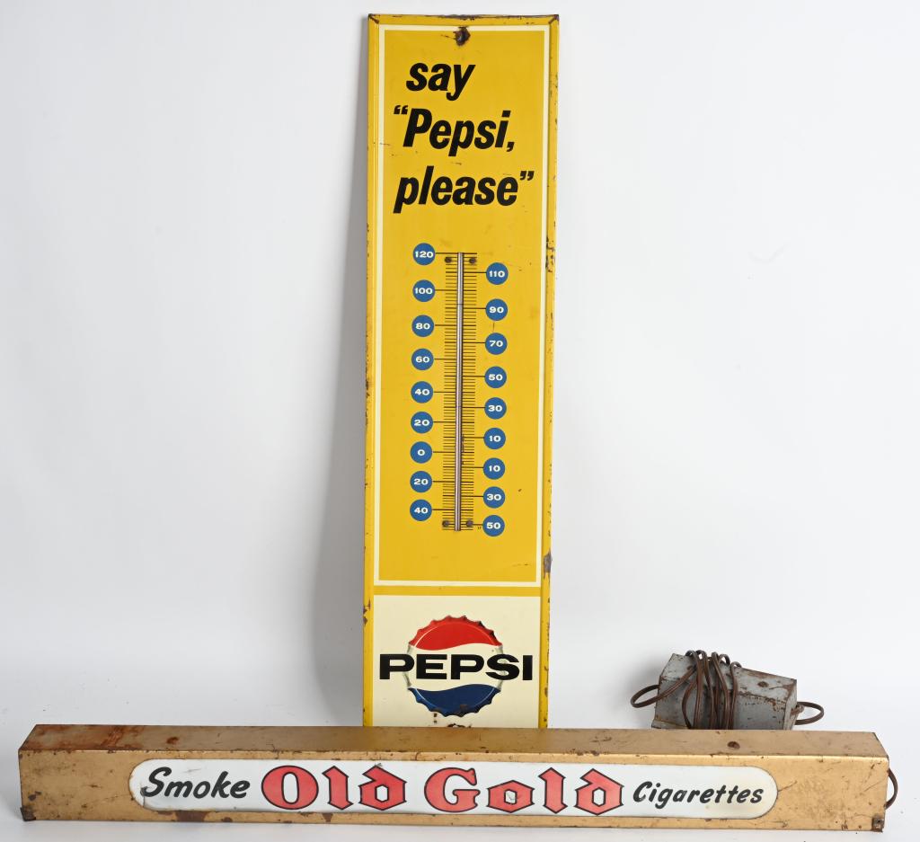 PEPSI THERMOMETER & OLD GOLD LIGHT: say Pepsi please tin Thermometer. Has loss on bottom. Plus Smoke Old Gold Cigarettes Light with wear and loss. Has no bulb to test. Largest 30" Very Good
