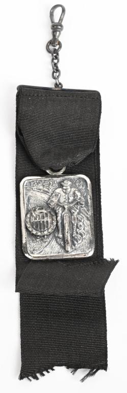1923 MOTORCYCLE ENDURANCE RUN STERLING FOB: great looking 1923 sterling silver watch fob for perfect score in The Middle Atlantic Sectional Endurance Run. 6" Excellent