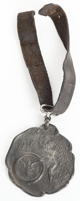 1917 N. J. MOTORCYCLE CLUB FOB, STERLING: Nice original medal for the 1917 "Jersey Jaunt". Sterling silver. 4", Excellent
