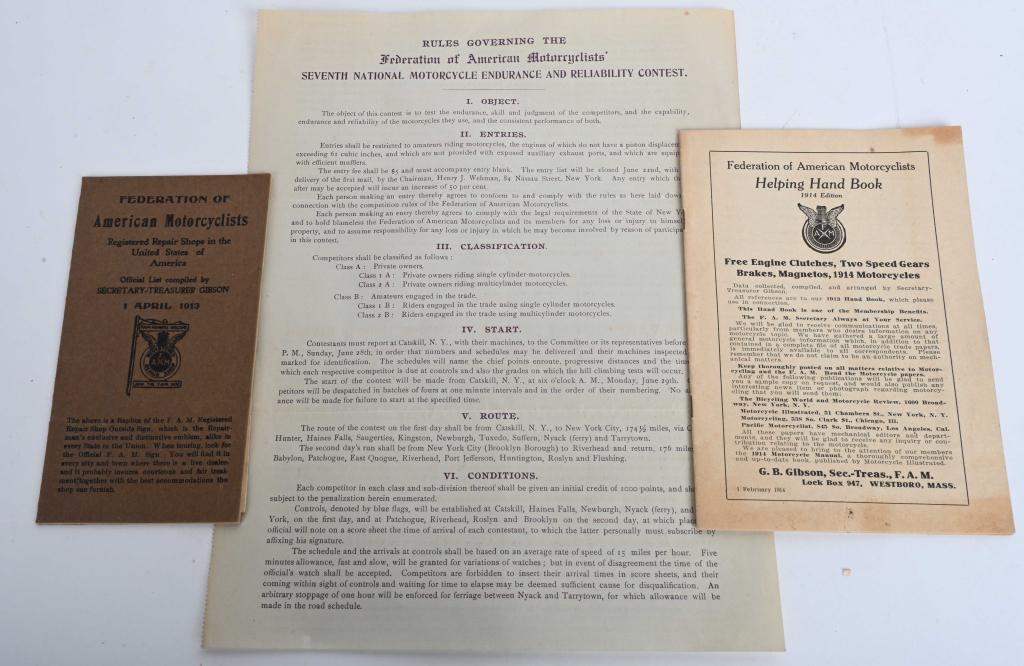 EARLY F.A.M. MOTORCYCLE EPHEMERA: Lot includes 1913 F.A.M. list of Motorcycle Repair Shops in United States, a 1914 F.A.M. Helping Hand Book, and a circa 1910 Endurance Run Rule sheet. Very Good-Excellent