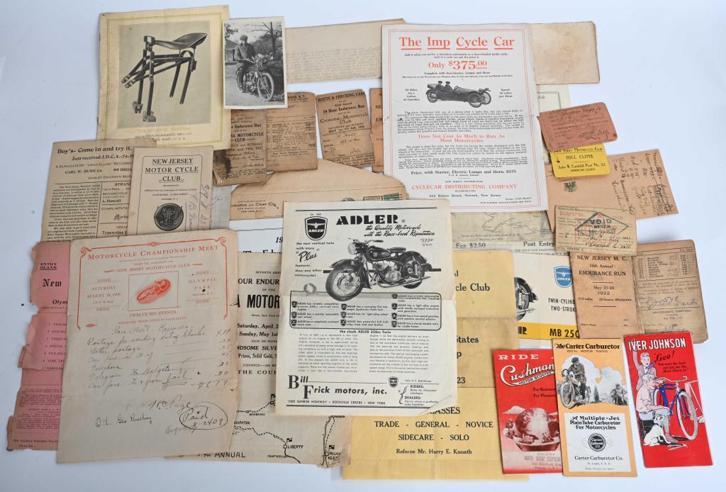 LARGE LOT EARLY MOTORCYLE EPHEMERA & MORE: Nice lot includes New Jersey Motorcycle club ephemera, early Motorcyels parts brochures,1920's Cortona and New Jersey Motorcycle club endurance run check lists, Adler Motorcycle Literature, Early Imp 