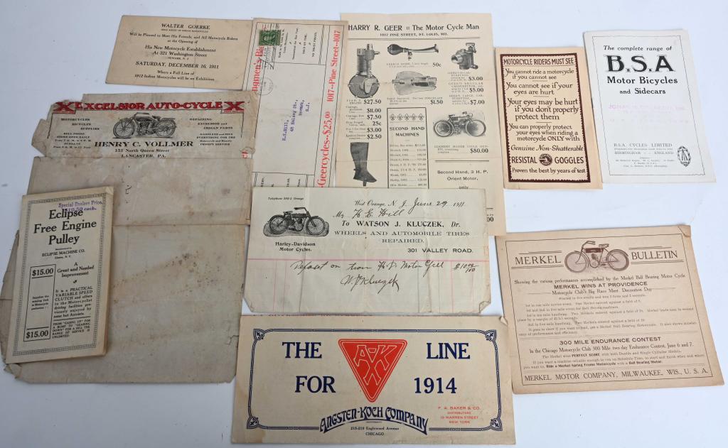 VERY EARLY MOTORCYCLE EPHEMERA LOT: Nice lot with many rare motorcycle items. Lot includes 1911 Eclipse Free Engine Pulley brochure, B.S.A Motor Bicycles and Side Cars, brochure, 1911 Harley-Davidson Receipt, early Excelsior letter head