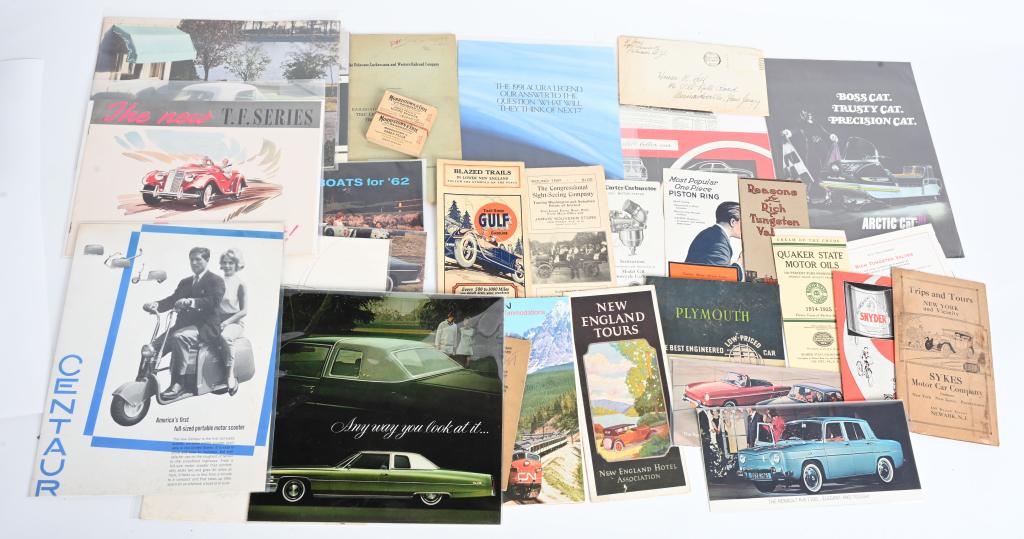 LARGE LOT of VINTAGE TRANSPORTATION EPHEMERA: Nice lot includes Auto, Boat, and Bicycle brochures. Also included are early auto maps, brochures for auto parts, railroad ephemera and more. Condition varies. Very Good-Excellent