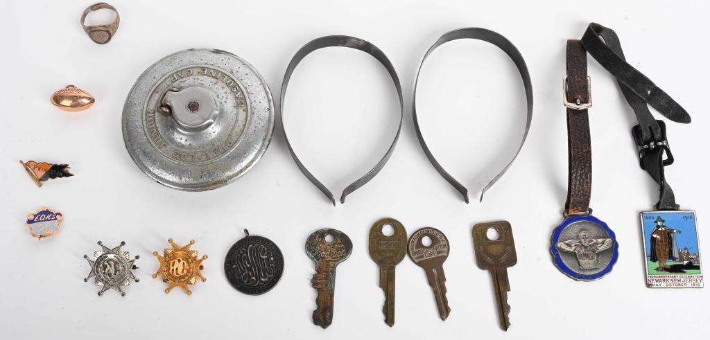 LOT of VINTAGE FOBS, PINS and MORE: Lot includes a Dual Loc Junior Gasoline Cap with Key, a Splitdorf advertising watch fob, a 1916 enameled watch fob for 250th anniversary of Newark N.J., a sterling silver 1911 New York South Hampton f