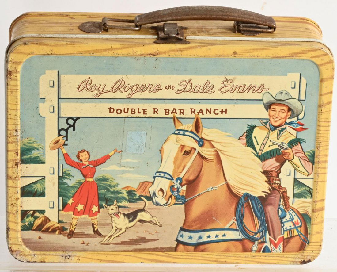 ROY ROGERS 1953 DOUBLE R BAR RANCH LUNCH BOX: Lunch box is all original with general wear. Has nice graphics. Missing thermos. 8 1/2" by 6 1/2" Very Good