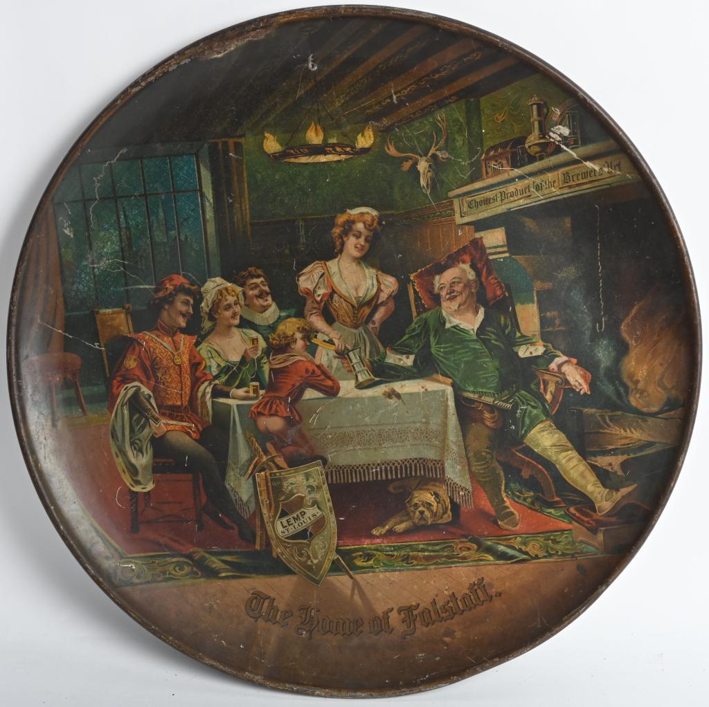 A LEMP BEER 'HOME OF FALSTAFF' ADV. CHARGER: Very nice graphics. Has general wear and a extra mounting hole but displays well. 24". Good-Very Good