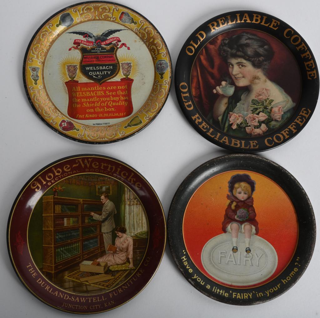 4- VINTAGE ADVERTISING TIP TRAYS: Lot includes Fairy Soap, Globe-Ernicke Sectional Bookcases, Welsbach Quality Mantles, and Old Reliable Coffee. All have great colors and graphics. 4 1/4", Very Good-Excellent