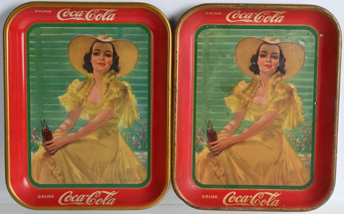 2- 1938 COCA-COLA AVERTISING TRAYS: Nice original pair of 1938 Coca-Cola trays. Nice colors and graphics. General wear. About 10" by 13", Very Good-Excellent
