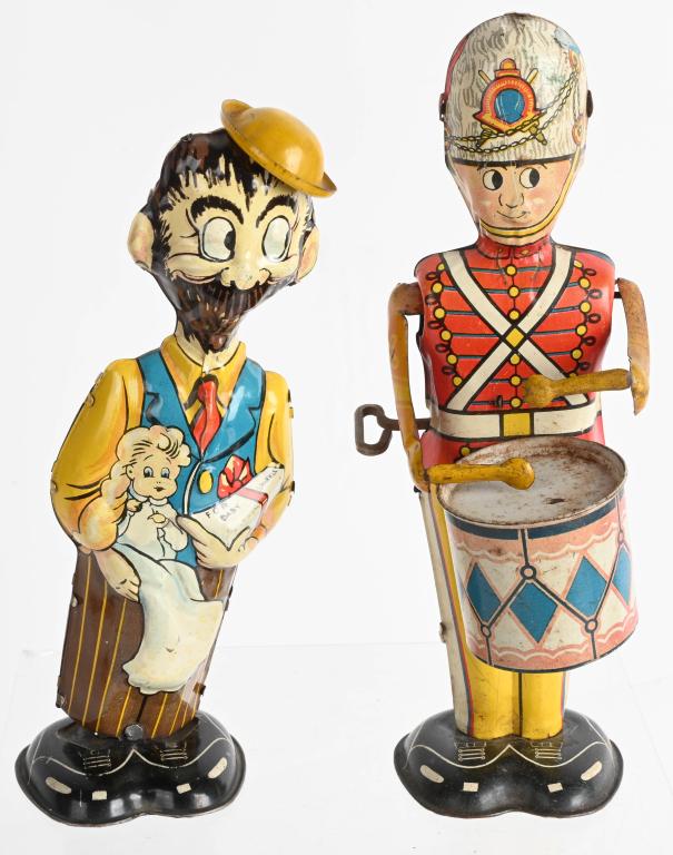 MARX TIN WINDUP BO PLENTY & DRUMMER: Both all original and complete with nice colors. Not working. 8 1/2" Very Good-Excellent