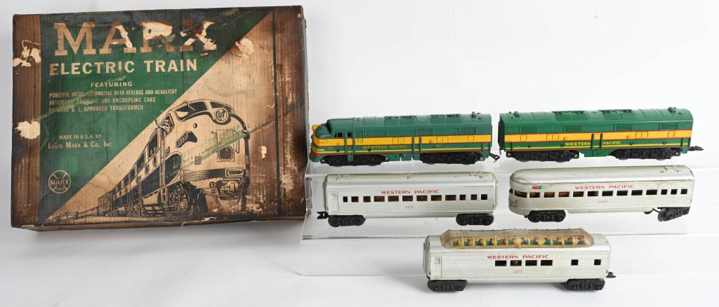 MARX WESTERN PACIFIC ELECTRIC TRAIN SET w/ BOX: Includes AB Diesel Engine with 3 Passenger Cars. Has Transformer and Track. Boxed 19" Very Good