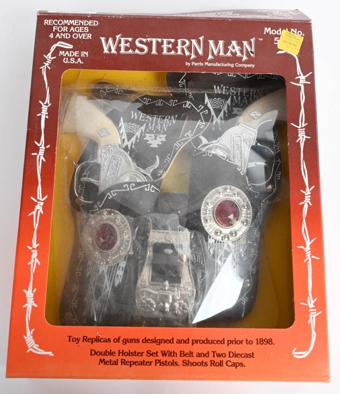PARRIS WESTERN MAN 2 CAP GUN HOLSTER SET MIB: New Old Stock 2 Cap Gun and Holster Set. Boxed 12"