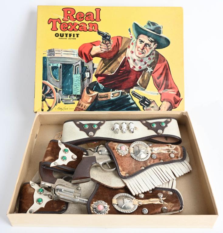 REAL TEXAN 2 CAP GUN & HOLSTER SET w/ BOX: Never used 2 Cap Gun and Leather Holster Set. Boxed 15" Excellent
