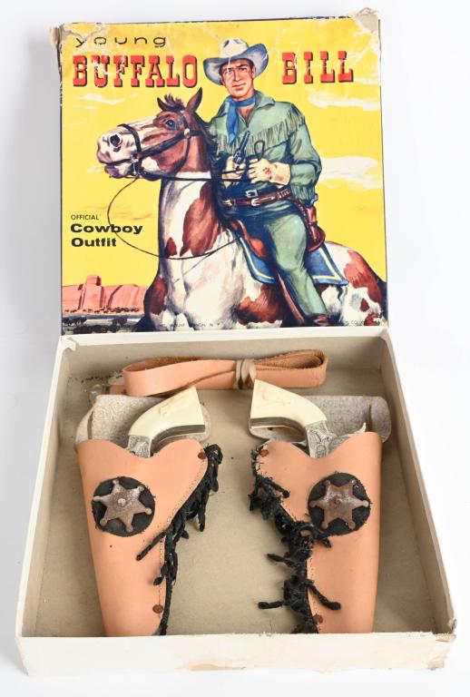 YOUNG BUFFALO BILL CAP GUN & HOLSTER SET w/ BOX: Never played with 2 Cap Gun and Leather Holster Set. Boxed 10" Excellent