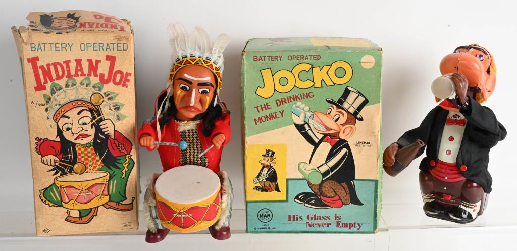 JOCKO MONKEY & INDIAN JOE BATTERY OPS w/ BOXES: Includes Jocko Monkey missing hat and worked when tested and Indian Joe that did not work when tested. Both original and Boxed 11" Excellent