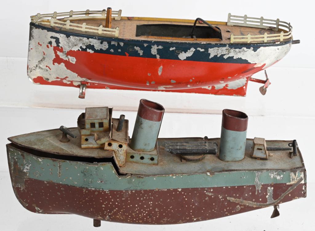 2- GERMAN CLOCKWORK SHIP: Pair of German Clockwork Ships. Both have needs. Largest 9" Very Good