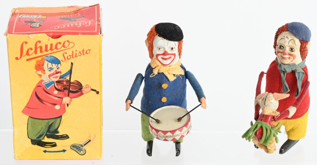 2- SCHUCO WINDUP CLOWNS: Includes Clown Drummer with Box and Clown with Mouse. Both working. 4 1/2" Excellent
