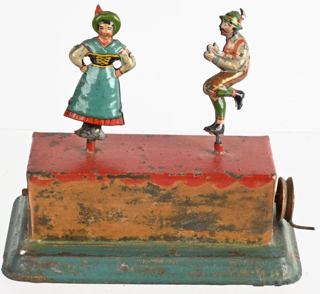 GERMAN BAVARIAN DANCERS STEAM TOY ACCESSORY: All original man and woman dancing in Bavarian outfits. 4 1/2" Excellent