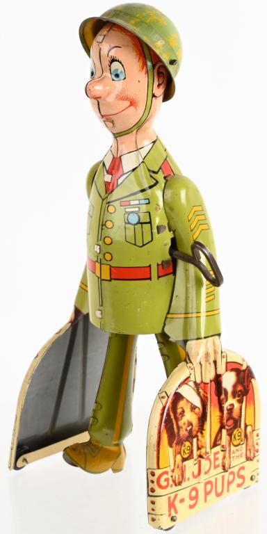 UNIQUE ART TIN WINDUP GI JOE K9 PUPS: All original with nice colors. Works. 9" Excellent