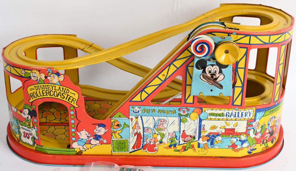 CHEIN TIN WINDUP DISNEYLAND ROLLER COASTER: Very nice original. Great colors and graphics. Comes with 2 Cars. Windup works. 19" Excellent