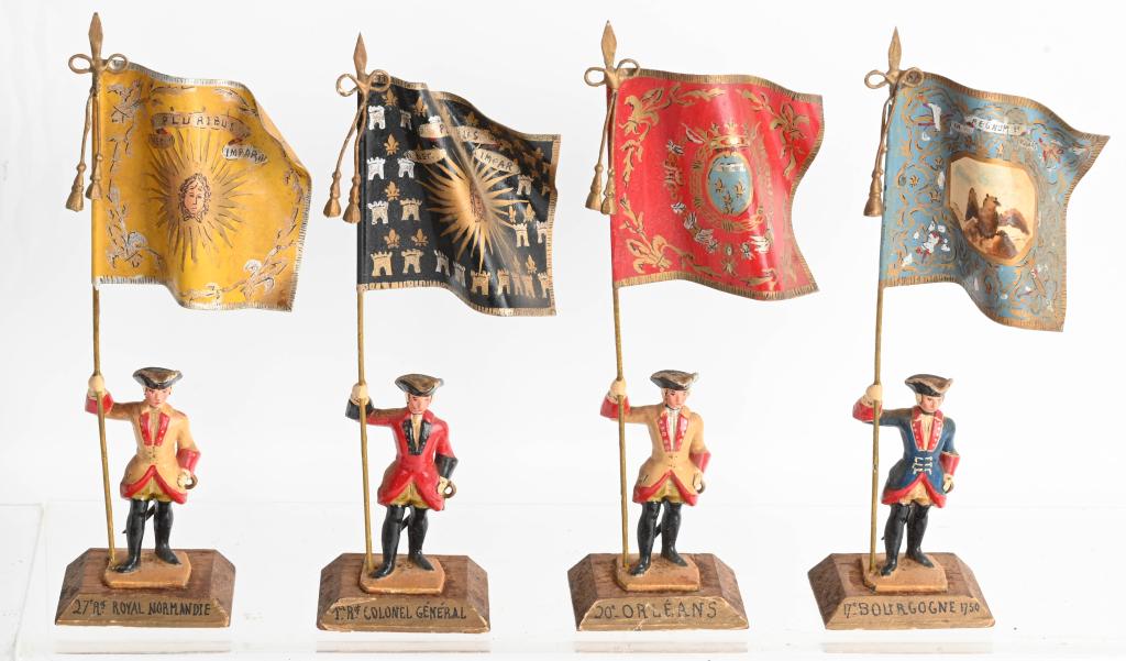 4- GUY RENAUD STANDARD BEARERS: Nice set of Standard Bearers. Includes 20th Orleans, 27th Rs Normandie, 17th Bourgogne 1750, and 1st R of Colonel General. all original and in great shape. 7" Excellent