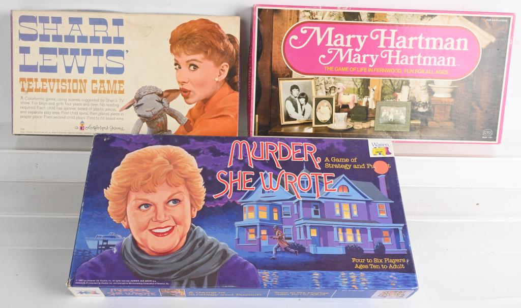 MURDER SHE WROTE, MARY HARTMAN, & MORE GAMES: Murder She Wrote Game, Mary Hartman Game, and Shari Lewis Game. All look mostly complete with colorful boxes. Largest 19" Excellent