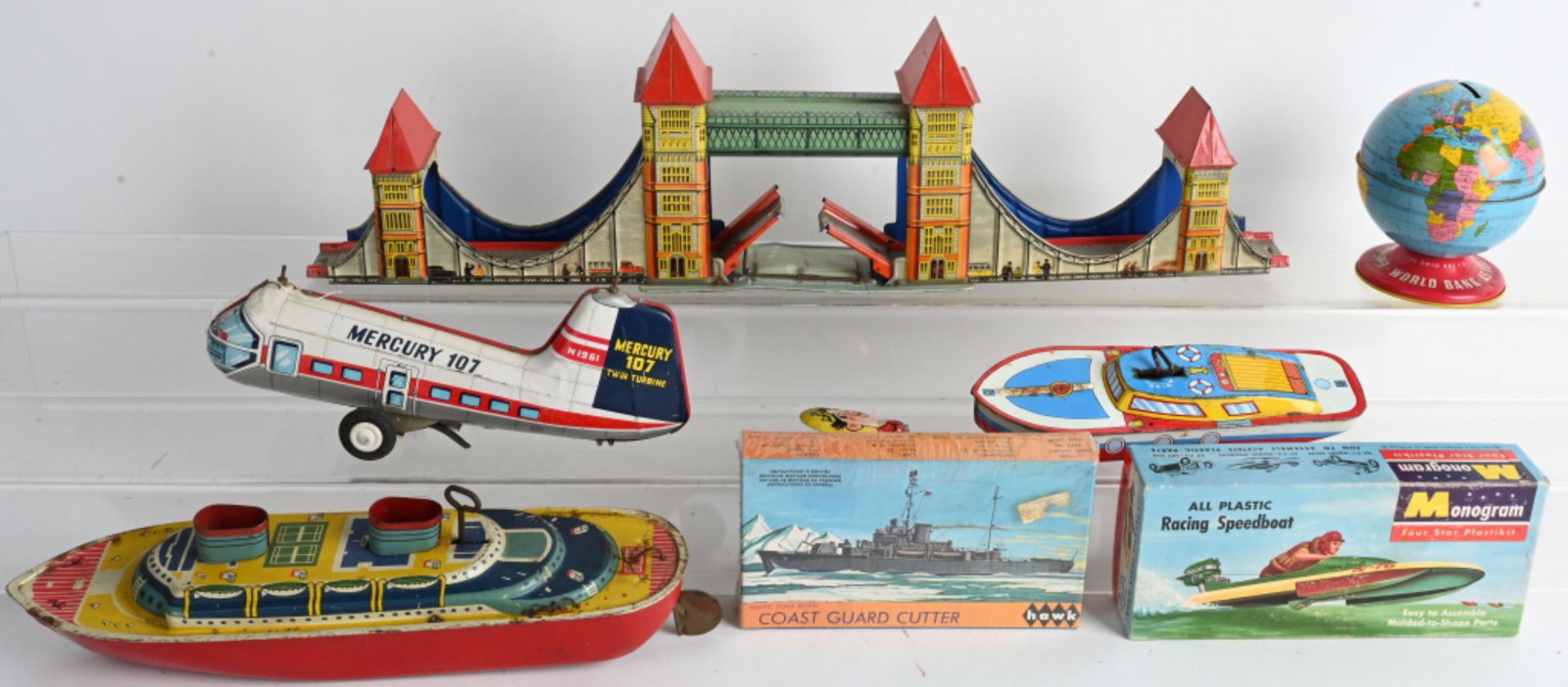 LOT OF VINTAGE TIN TOYS & MORE: Includes tin windup Boats, Helicopter, Bridge, Model Kits, and More As-Is
