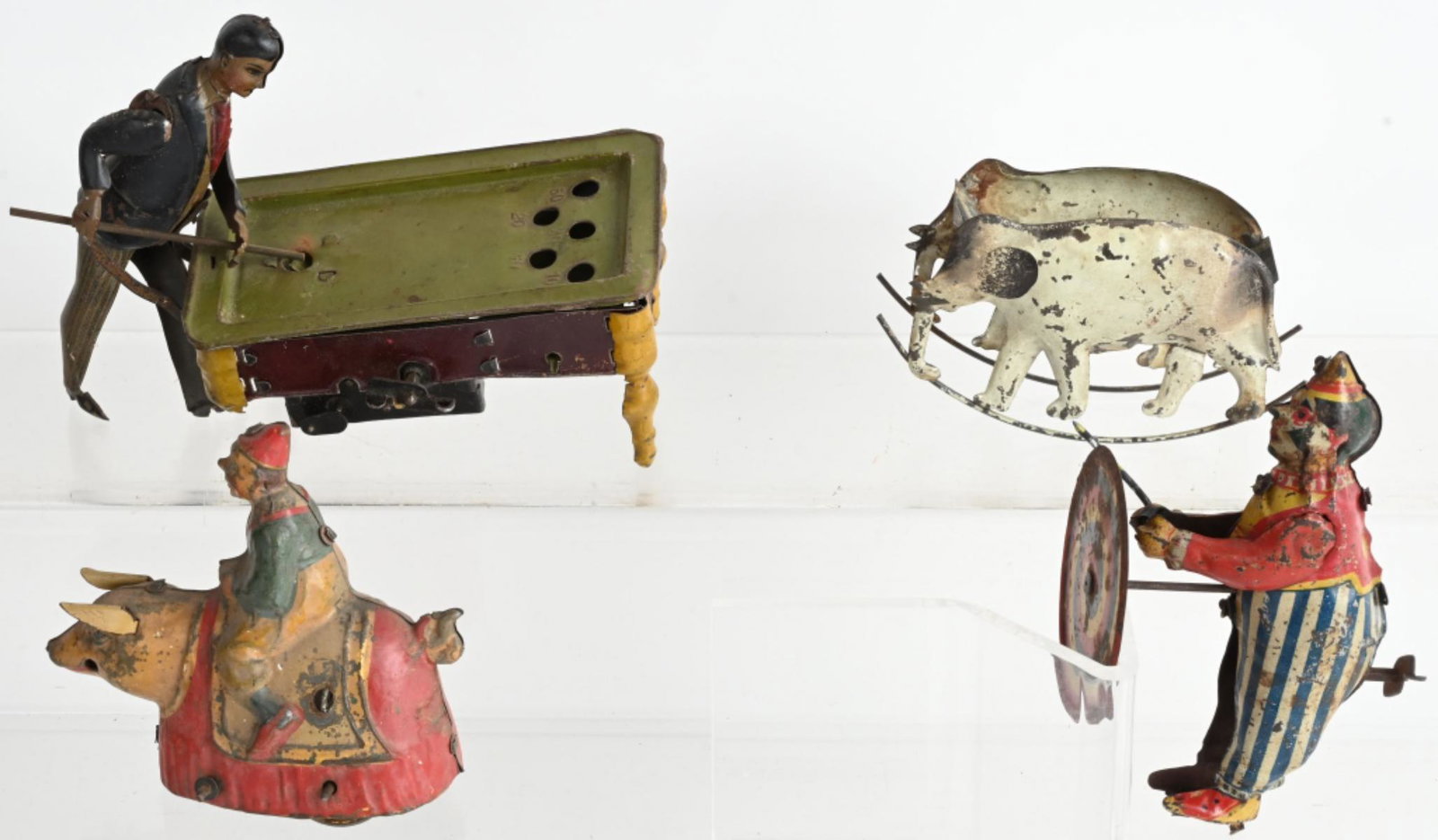 GERMAN TIN TOYS PARTS LOT: Includes Billiards Player. Clown on Pig, Clown with Wheel, and Elephants Parts. As-Is