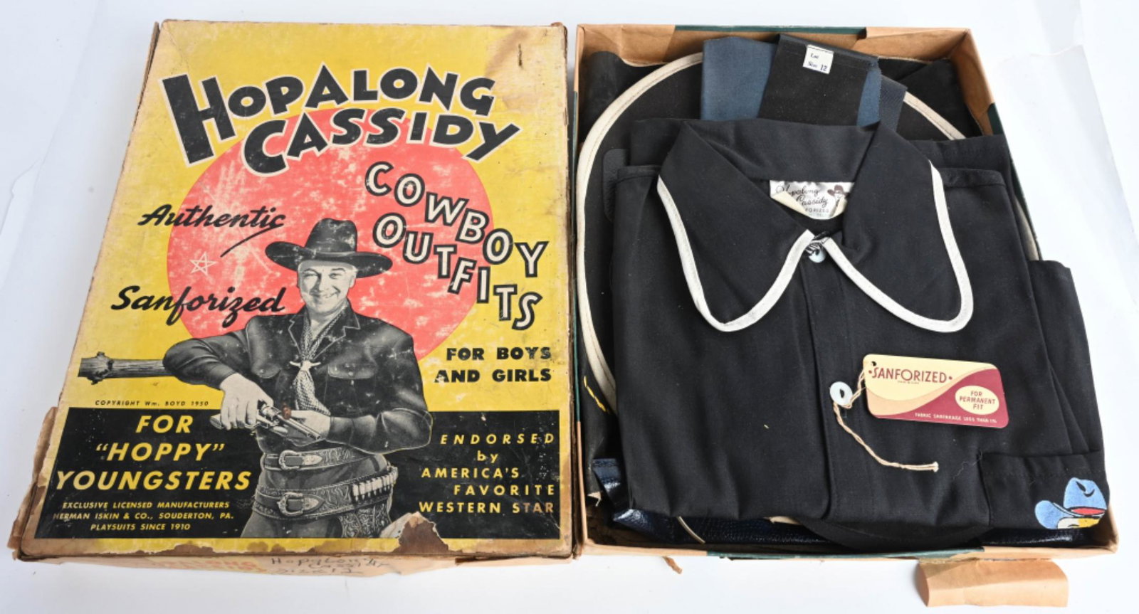 HOPALONG CASSIDY COWBOY OUTFIT w/ BOX: Complete outfit with Hat, Shirt, Vest, Chaps, and More. Boxed 14" Excellent