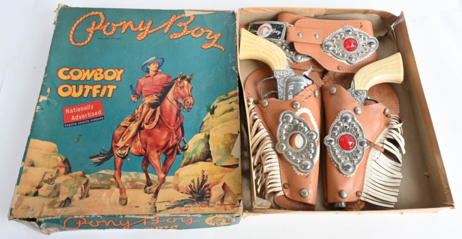PONY BOY 2 CAP GUN HOLSTER SET w/ BOX: Includes 2 Pony Boy Cap Guns and Leather Holster. All original. Boxed 12" Excellent