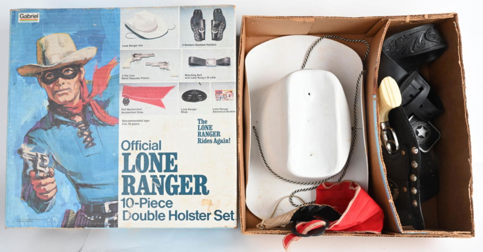 GABRIEL LONE RANGER HOLSTER SET w/ BOX: Includes 2 Cap Guns with Holster, Belt, Hat, Mask, and Neckerchief with Slide. Has some wear and chip on hat. Boxed 14" Very Good
