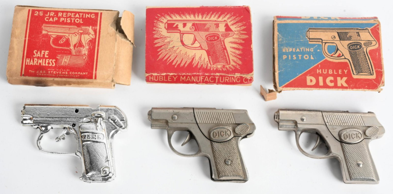 2- DICK & 25 JR CAP GUNS w/ BOXES: Includes 2- Hubley Dick and J&E Stevens 25 Jr Repeating Cap Pistol. All original and Boxed. Largest 4" Excelelnt
