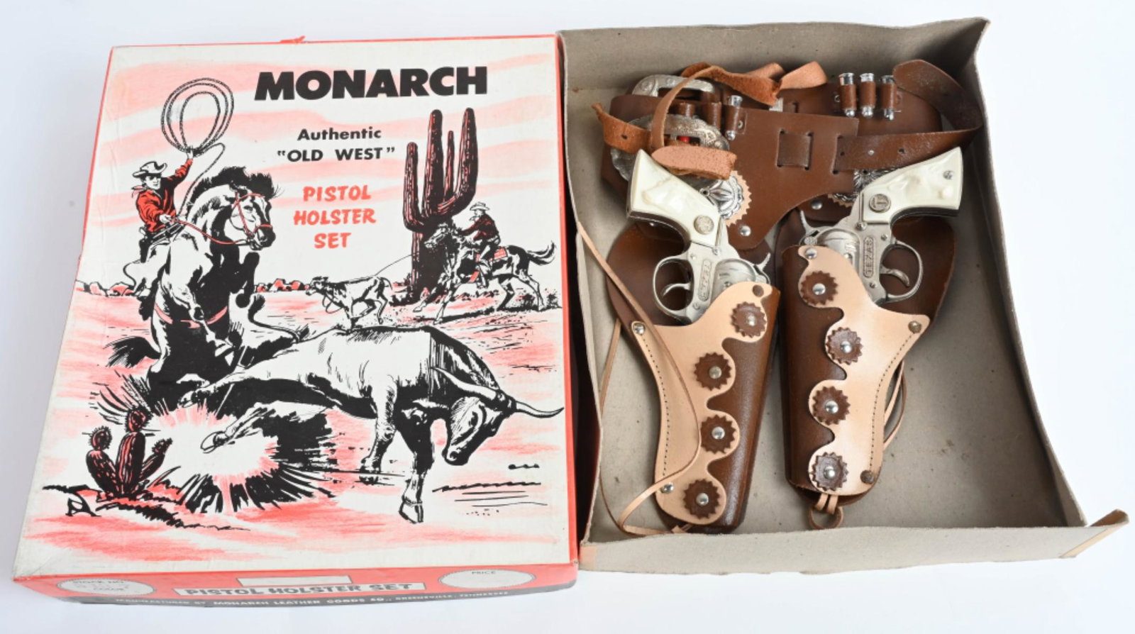 MONARCH OLD WEST 2 PISTOL HOLSTER SET w/ BOX: Includes 2 Texas Cap Guns and Leather Holster. Looks never played with condition. Boxed 14" Excellent