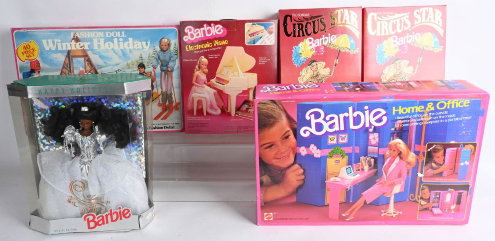 BARBIE DOLL LOT: Includes Barbie Home Office, Winter Holiday, Electronic Piano, 2- Circus Star Barbies, Holiday Barbie, and More. All Boxed