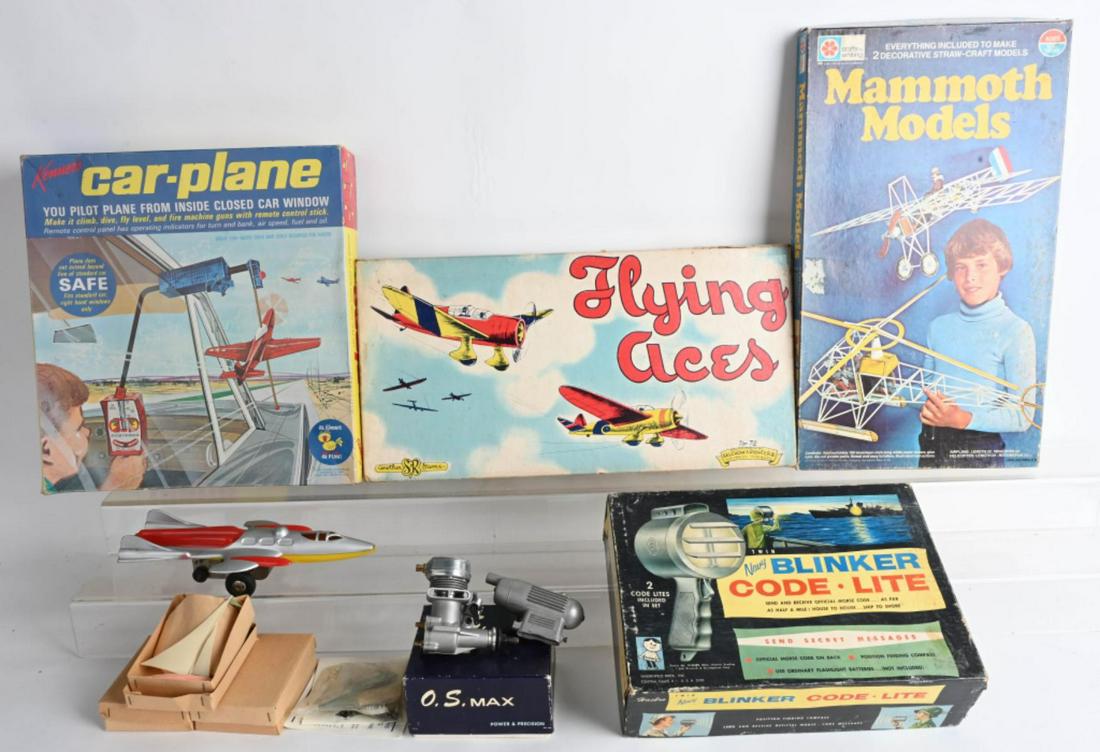 LOT OF VINTAGE TOYS: Includes OS Max Model Airplane Motor with box, Kenner Car-Plane with Box, Flying Aces Game, Mammouth Models with Box, Friction Rocket, and More.