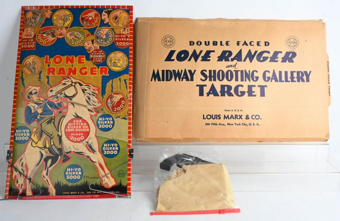 MARX LONE RANGER MIDWAY SHOOTING GALLERY w/ BOX: Marx Lone Ranger Double Faced Shooting Gallery Target. Great colors and graphics. Comes with gun and darts. Boxed 27" Excellent