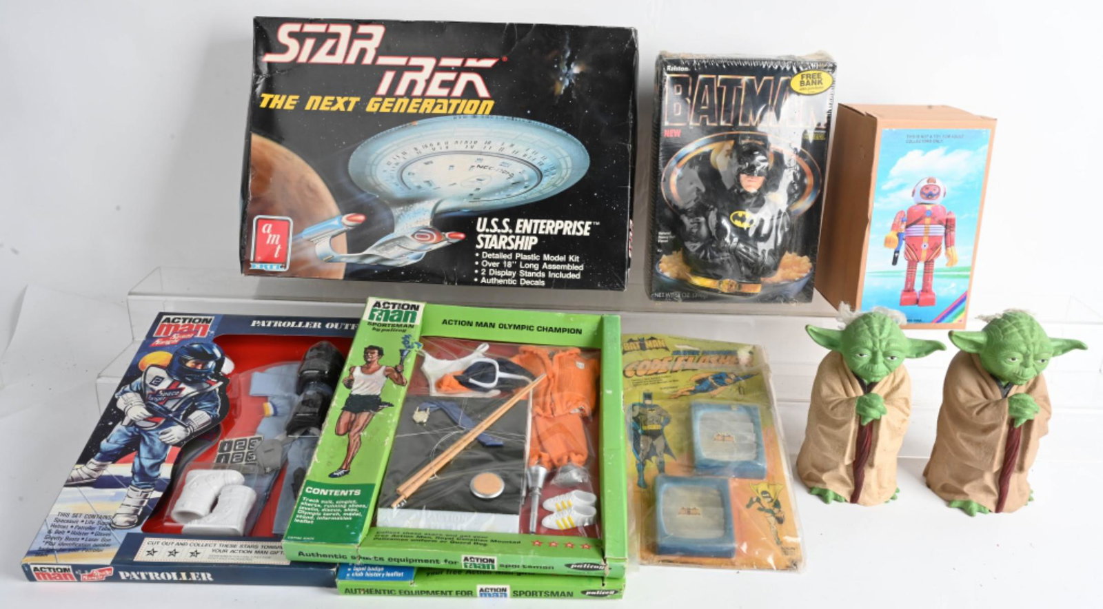 LOT OF VINTAGE TOYS: Includes Action Man Outfits with Boxes, Star Trek USS Enterprise Model Kit, Superman Socks, Batman Code Flasher, Tin Robot in Box, and More. AS-IS