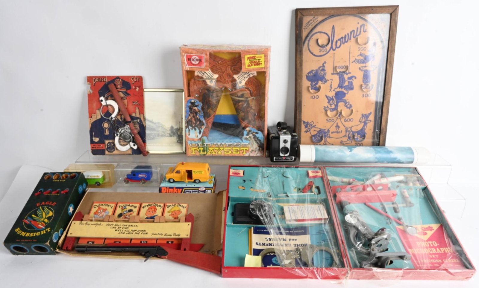 LOT OF VINTAGE TOYS: Includes Howdy Doody Target Set, Kilgore Cap Gun Set with Box, Police Set on Card, Dinky Van, Microscope Set, and More AS-IS
