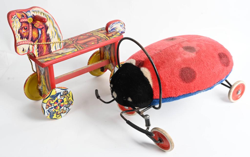 STEIFF RIDE-ON LADY BUG & WOOD RIDE-ON HORSE: Includes Steiff Ride-On Lady Bug and Metal Master Ride-On Horse. Very Good-Excellent