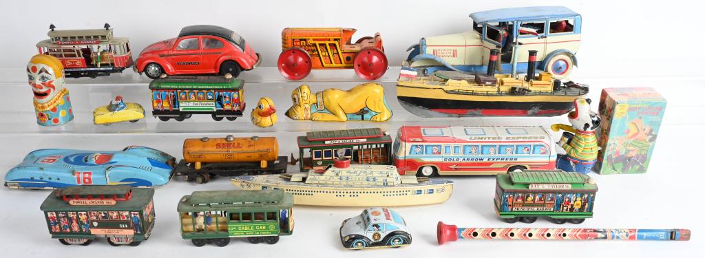 LOT OF VINTAGE TIN TOYS: Huge lot of vintage tin toys. Includes Pluto Windup, TPD Candy Dog with Box, Marx Tractor, Limited Express Bus, Trolleys, and More. Most with issues. As-Is