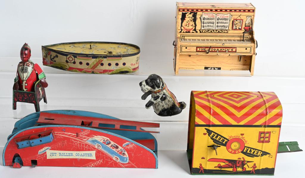 LOT OF VINTAGE TIN WINDUP TOY PARTS: Includes Lil Abner Piano, Jackie Hornpipe Ship Base, Han and Sam Piano Player, Marx Dog, and More. AS-IS