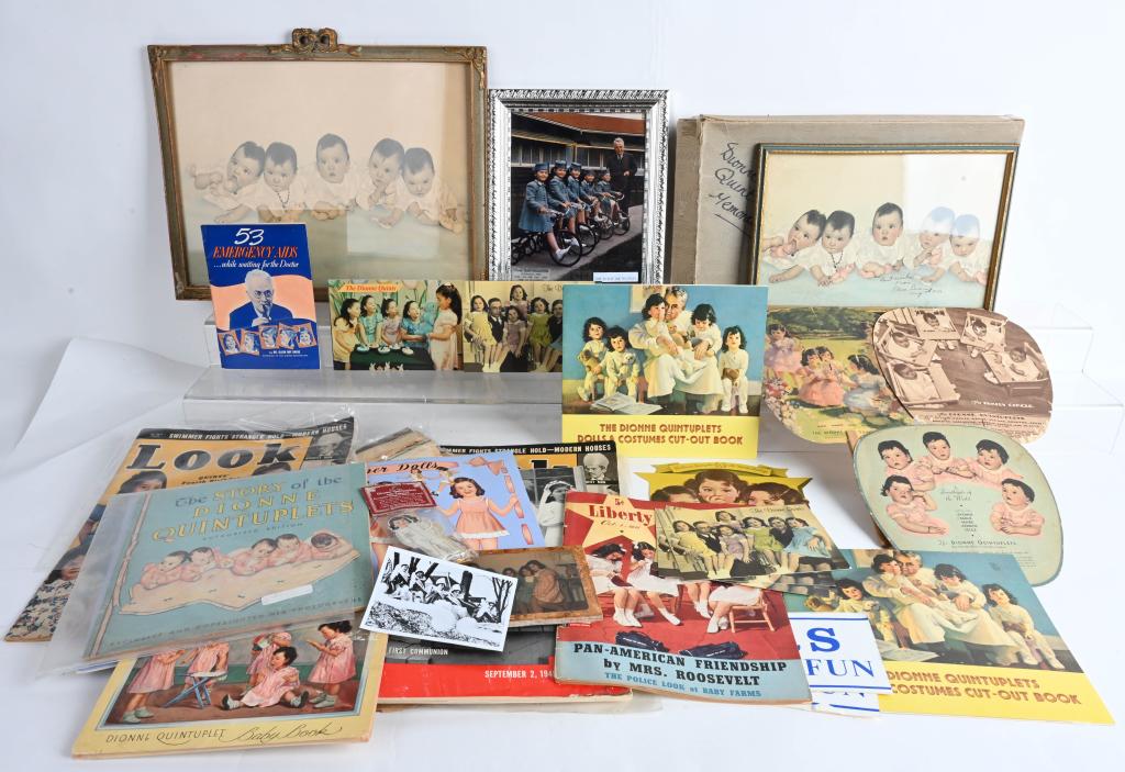 HUGE LOT OF DIONNE QUINTS MEMORABILIA: Includes Cut Out Dolls, Advertising, Post Cards, Pictures, New Papers, and much more!