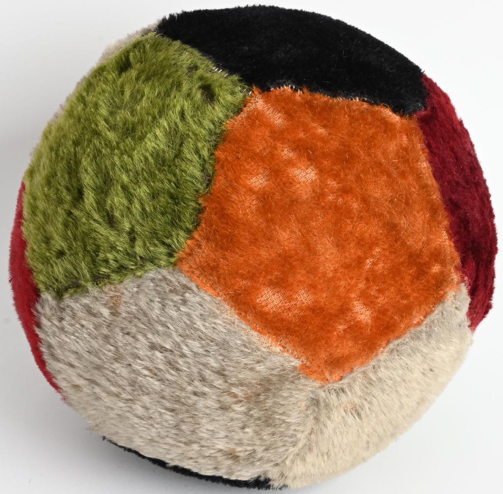 STEIFF ANTIQUE MOHAIR BALL CIRCA 1910: Scarce and unusual Steiff soccer ball made in th early 20th century. About 7" diameter. No button. Very Good-Excellent